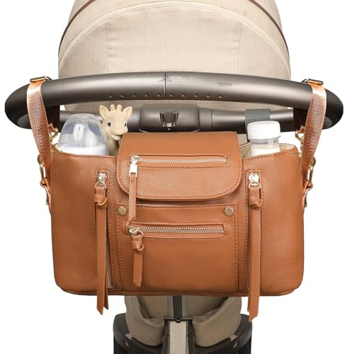 miss fong Universal Stroller Organizer with Insulated Cup Holder Stroller Caddy Baby Storage Bag with Adjustable Strap, Fits for Baby Carriage like Uppababy, Baby Jogger, Britax, Umbrella-Brown
