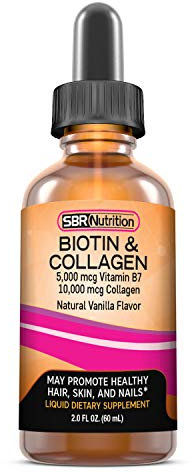 SBR Nutrition Biotin and Collagen Liquid Drops Daily Food Supplement, Vitamins for Hair Growth and Thickening, Skin Health and Nail Strength, 2 oz (60mL)