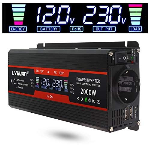 LVYUAN Wechselrichter 12V 230V 2000W Spannungswandler Power Inverter mit 2 USB LCD Alligatorclip Zigarettenanzünder Stecker Stromumwandler für Auto KFZ Wohnwagen LKW