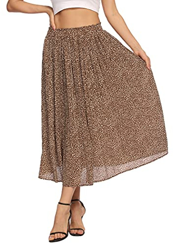 Parabler Midikjol för kvinnor, eleganta blommor, polka, prickig, lång kjol, elastisk midja, sommarkjol, veckad kjol, strandkjol med fickor, BRUN, XL
