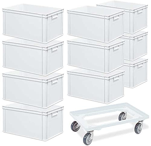 BRB 10 Euroboxen mit Griffleisten, LxBxH 600x400x320 mm, weiß + 1 Transportroller