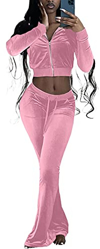 qfmqkpi Women Velour Full Sleeve Zip-Up Cropped Jackets and Straight Bell Bottom Pants Winter Outfits All Pink XS