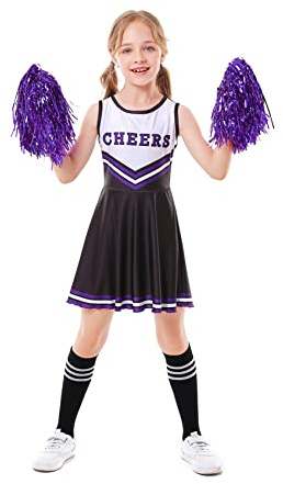 ALUCIC Costume da cheerleader da cheerleading, uniforme per carnevale, feste di Halloween, con 2 pompon e calze, Nero , 134 cm-140 cm