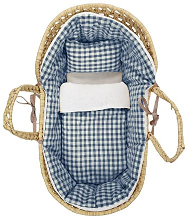 Der Weidenbabykorb für die Puppen + Ecke – Der Weidenstubenwagen für die Puppen + Bezug – Das umfasst ein: Tagesdecke, Kopfkissen, Decke und eine Matraze – Geruit – Handmade – Nenel (Dunkelblau)