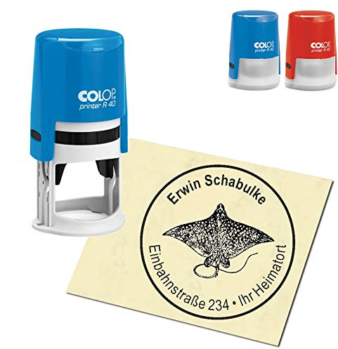 Stempel Adressstempel personalisiert - Rochen - rund ∅ 40mm Automatikstempel als Firmenstempel Namensstempel Bürostempel