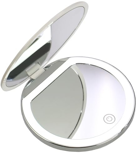 Fantasia Taschenspiegel, rund, Weiss, mit 3-Fach Vergrösserung, LED-Beleuchtung, Ø 8 cm