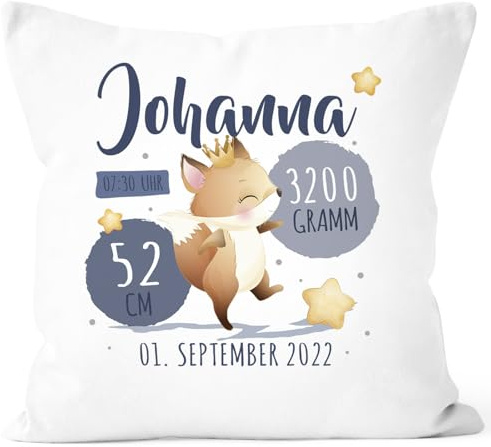 SpecialMe® Kissen-Bezug Geburt Jungen Mädchen Fuchs personalisierbares Geburtskissen Tiermotive Geschenk Weiss Standard