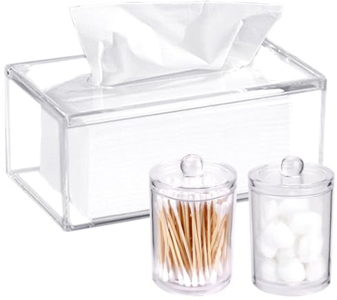FULANDL Acrylic Tissue Box Holder with 2PCS Cotton Swab Holder, Clear Tissue Dispenser Box with Cover for Facial Tissue Napkins, Dryer Sheet Holder Rectangular for Bathroom Office Car