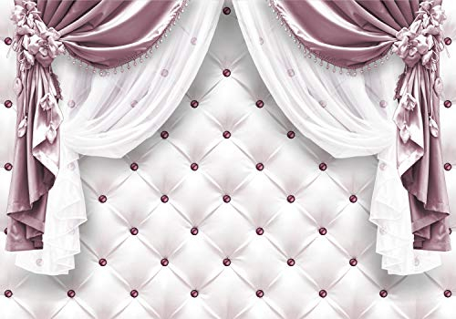 wandmotiv24 Fototapete Vorhänge mit Blumen und Perlen, 400 x 280 cm - selbstklebende Strukturtapete, Wanddeko, Wandbild, Wandtapete, Abstrakt Rosa M6128