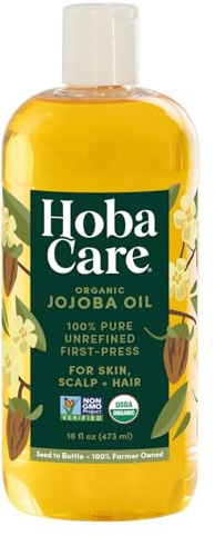 HobaCare Cold Pressed Organic Jojoba Oil for Hair, Skincare, Face, Body, Scalp, Nails, Beard Care, Skin Massage - Unrefined Carrier Oil - 100% Pure, Hexane Free, Moisturizing (16 oz)