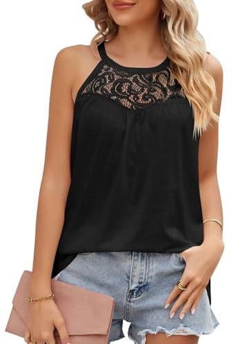 KBRPEY Debardeur Femme Tank Top Tops sans Manche Col Halter Dentelle Haut Chic Elegant Vetement Ete Fluide Caraco Decontracte Coton Casual Plage Soiree