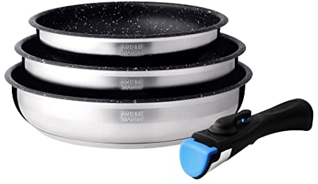 Arthur Martin AM9728 - Set di 3 padelle con rivestimento antiaderente, in acciaio inossidabile, manico rimovibile per tutti i piani cottura, compresa l'induzione, 20-24-26 cm