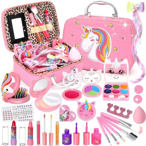 Aureyung Schminkkoffer Mädchen, Waschbar Kinderschminke Set, Spielzeug 3 4 5 6 7 8 9 10 11 12 Jahre Kinderspielzeug, Geburtstag Weihnachts Geschenke Mädchen 3 4 5 6 7 8+ Jahre