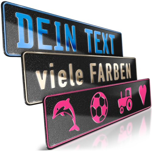 1 Fun-Schild geprägt | Schwarz Glitter mit Wunschtext bis zu 16 Zeichen | Individuelles Fun-Kennzeichen aus Aluminium | Namensschild | Auto-Kennzeichen | Optional Löcher & Saugnäpfe