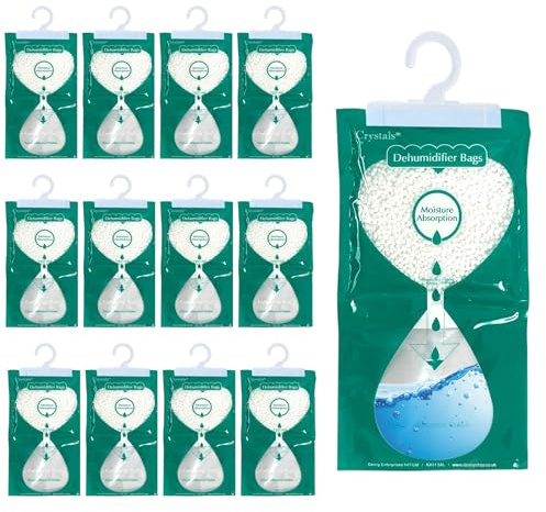 Crystals 12 Wardrobe Dehumidifier Hanging Bags, Moisture Absorber with Moisture Storage Leak Proof Bag + Hanging Hook, Damp Condensation Traps for Wardrobe, Closet, Bookcase – 250g Each (12)