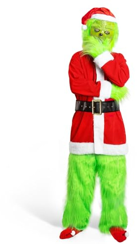 Claofoc 7 teiliges Santa Claus Kostüm Erwachsene Weihnachtsmütze Cosplay Outfit Set mit Maske Grün Großes Monster Halloween Christmas Lustige Cosplay Kostüm Requisiten