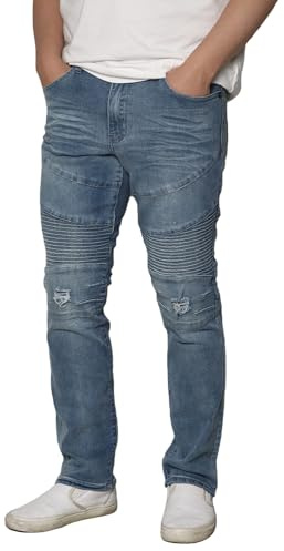 URBANJ Men's Stretch Distressed Jeans Ribbed Biker Jean Pants (US, Numeric, 32, Regular, Regular, D002 LT Blue)