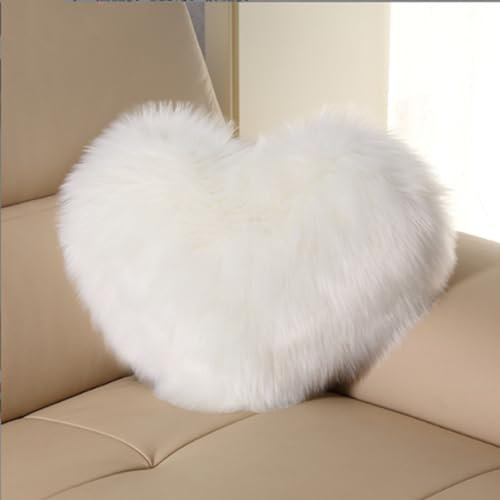 OUKEYI Faux Bunny Fur Decorative Pillow Heart Throw Pillow with Pillow Cover and Insert, Shaggy Faux Fur,Valentines Day,Mothers Day (White, Heart Shape-15.7X19.7Inches)
