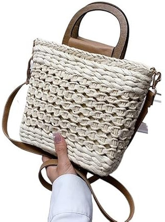 Strohtasche Sommer Top Griff Frauen Handgewebte Stroh Strandtasche Vintage Aushöhlen Handtasche Rattan Urlaub Kleine Umhängetasche Runde Strohtasche (Color : Beige, Size : 23cm x 19cm x 8cm)