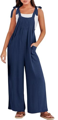 RMBLYfeiye Sommer Outfits Damen Hosenrock Lang Elegant Latzhose Jeans Einfarbiges Baumwoll Leinen Jumpsuit Mit Taschen Ärmelloser Spaghetti Overall Sportbekleidung