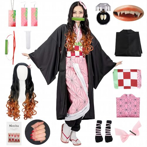 YYDSXK Cosplay Nezuko Tanjirou, Costume Nezuko Tanjirou Kochou Shinobu Mitsuri, Set di Kimono Mantello, Regalo per Bambini, Costume Tanjiro per Carnevale Halloween