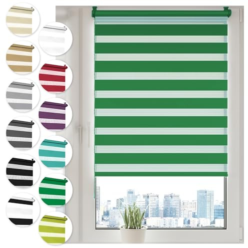 Sonello Tenda a Rullo Doppio Strato Giorno e Notte a Senza Foratura 70cm x 150cm Verde, Facile Fissaggio a Clip Senza Viti, Tenda a Rullo Zebra per Finestra o Porta, Protezione Solare