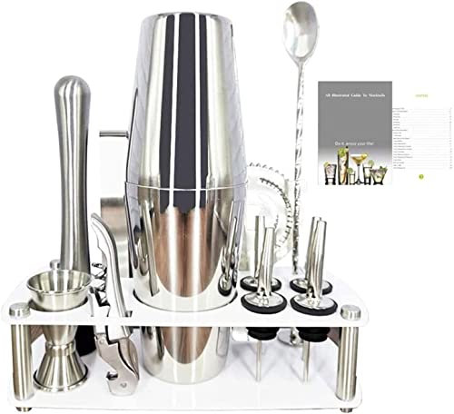 Kit de barman avec support | Ensemble de bar avec shaker à cocktail pour mélanger les boissons – Outils de bar : shaker à martini, doseur, passoire, cuillère pour mélangeur de bar | Meilleur kit