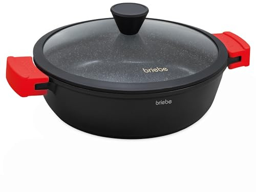 briebe Black Titanium Niedriger Kochtopf für Induktion Antihaftbeschichtung Titan, Kochtopf 32cm, Aluminiumguss, PFOA-freier Überzug, Glasdeckel, Silikongriffe, Glaskeramik, Gas, Ofen