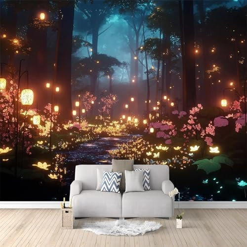 Papel Pintado Pared Panorámico Estilo Fantasía Bosque Mágico Luciérnagas 250 x 175 cm Fotomurales No Tejido, Murales Decoración de Pared, Póster Gigante de Pared Personalizado 3D Para Salón Dormitorio