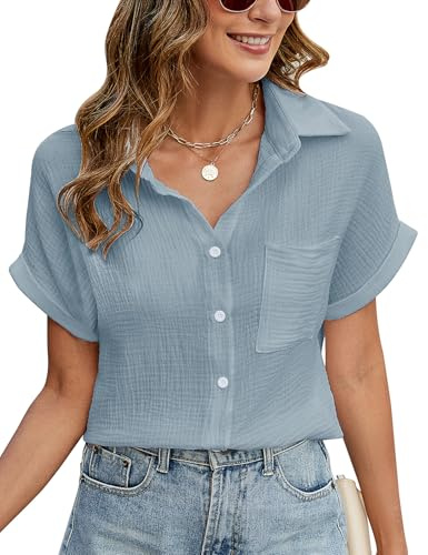 PASUDA Camicia Donna Estiva Camicetta Manica Corta da Donna Casual Cotone Elegante Blusa con Scollo a V Maglietta con Bottoni Moda Tinta Unita Tunica Classico Top T Shirt (Blu, L)