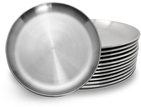 WANBY Edelstahlteller, 20,3 cm, 12 Stück, Metall, leicht, unzerbrechlich, unzerbrechlich, spülmaschinenfest, BPA-frei und gesund