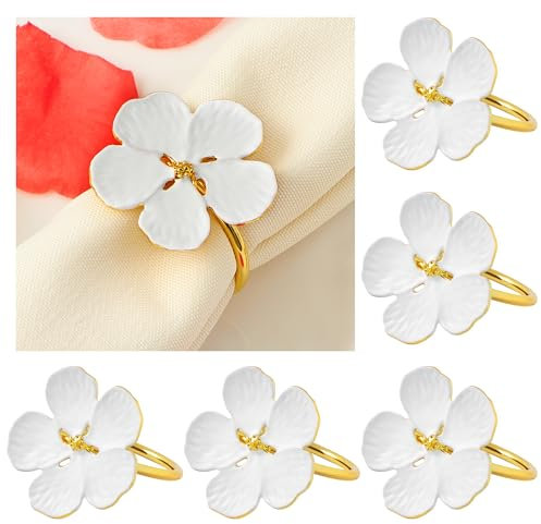 Auiremrti 6-Piece Set of Napkin Rings with Spring Flowers, Metal Flower Pattern Napkin Holder in White and Gold, Country Style Napkin Rings