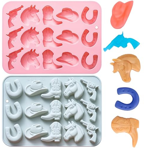 2 PCS Cowboy Chocolate Molds Silicone Candy Mold with Cowboy Hat Cowboy Boot Horse Saddle and Revolver Western Themed Party Decorating Tool for Candy Resin Art Crafts Cupcake Topper
