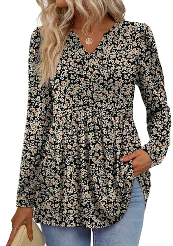 WIHOLL Fall Clothes for Women 2025 Early Fall Fashion Outfits Must Haves Long Sleeve Tunic Tops for Leggings Plus Size Womens Blouses Black Floral L