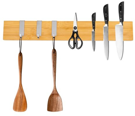 CHEFGASTRO Magnetleiste magnetische Messerleiste Messerhalter aus Bambus, 6,2x40x2,1cm, mit 3 silbernen Haken, Bambus, extra stark magnetischer Messerstreifen Messerblock zum Kleben oder Schrauben