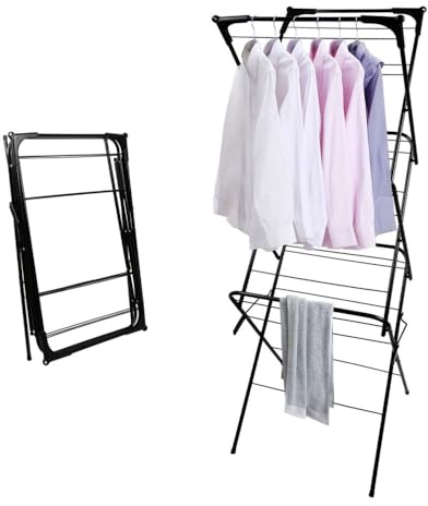 OHMG Séchoir sur Pied Pliable, séchoir à Linge Extensible, en accordéon, étendoir à Linge sur Pied, étendoir à Linge Tour,Robuste,Tour Pliable et Extensible,Iron (Noir-48 * 43 * 137cm)