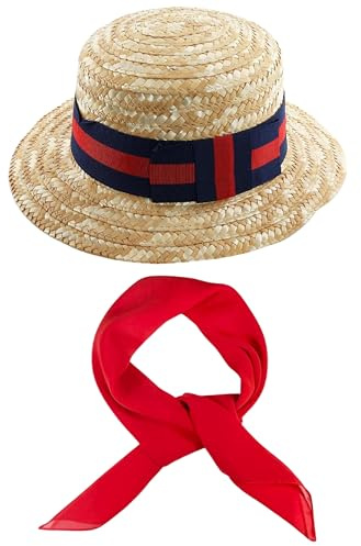 Straw Boater Hat & Scarf Vintage Accessory Set - Lightweight Straw Boater Hat, With a Navy Blue & Red Striped Band and Plain Red Bandana Scarf - Perfect for Any Fancy Dress Party