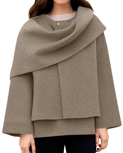KBOPLEMQ Women's Cape Style Winter Jacket Oversized Scarf Jacket Crew Neck Wool Coat Short Knitted Coat Elegant Casual Asymmetrical Loose Fit Poncho Pullover for Autumn and Winter, O Brown, L