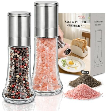 Salz- Und Pfeffermühlen Set 2er (120 Ml) – Manuelle Mühle Aus Glas Und Edelstahl Mit Keramikmahlwerk, Stufenlos Verstellbar, Ideal Als Salzmühle Für Grobes Salz, Modernes Design Für Küche Und Esstisch