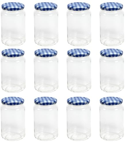 Nutley's Glass Preserve Jars with Blue Gingham Twist-Off Lids, 370ml, 12 Pack, for Jam, Pickles, Chutneys, Sauces, Homemade Preserves