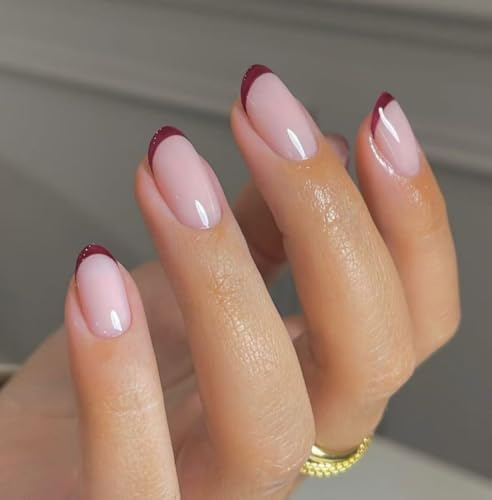 MouyouGlow Press on Nails Kurz,Rund Rot Burgundy French Design Short Glossy Mandel Fake Nails,Wine Red Tips Shiny Pure Colour Retro-Chic Flair Herbst Winter INS Artificial Künstliche Fingernägel