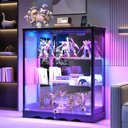 FREDEES Vitrina de cristal de pie con iluminación LED, pequeño armario con cerradura y estantes ajustables, vitrina coleccionable, 3 niveles con cerradura, color negro