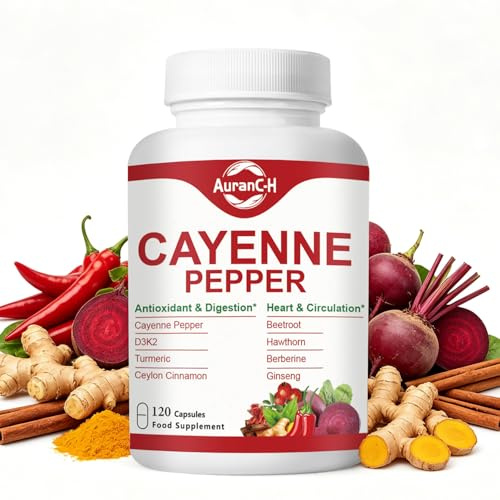 Organic Cayenne Pepper Capsules, 8-in-1 2000mg per Serving with Vitamins D3, K2 & E, Capsaicin Power Supports Healthy Circulation & Daily Energy, Features Hawthorn, Beetroot & Turmeric, 120 Capsules