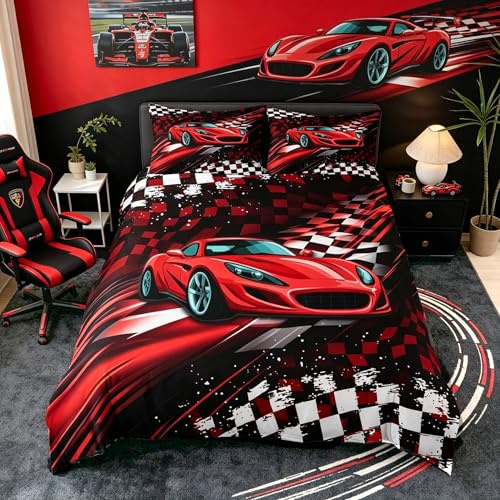 Homemissing Red Geometric Race Car Duvet Cover Set Double Size For Kids Boys Girls Speed Sports Car Bedding Set Racing Flag Duvet Cover with 2 Pillowcases Grid Bedding
