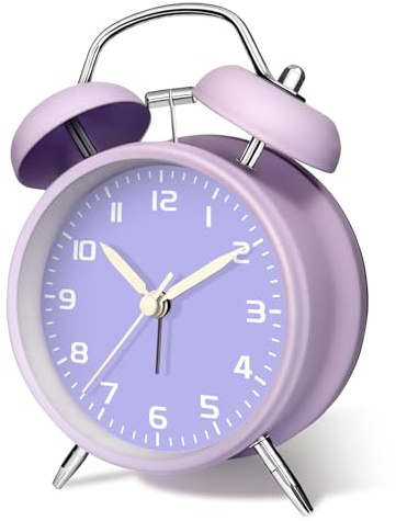 Mabpedo Old School Loud Alarm Clock for Heavy Sleepers, 11.5cm Metal Battery Operated Alarm Clock with Twin Bell Light, Silent Analog Retro Desk Nightstand Clocks for Teens Seniors Adult, Purple