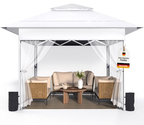 4x4m Pop-Up Pavillon,Faltpavillon mit Moskitonetz,Rollen Tragetasche,Weiß