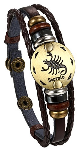 Flongo Leder Echtleder Armband Armreif Lederarmband Geflochten Braun Bronze Sternzeichen Horoskop Tierkreis Sternbild Kugel Perle Surfer Wickeln Einstellbar Verstellbar Herren,Damen