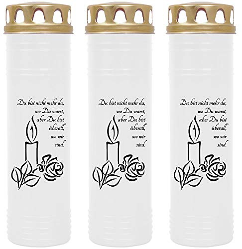 HS Candle Grabkerze - 3er Pack - (Weiß) Grablicht ca. 7 Tage Brenndauer je Kerze - Motiv: Kerze
