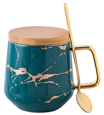 Eplze YBK Tech Porcelain Tea Cup Coffee Mug Set for Afternoon Tea - Marble Pattern (Green, Tall 400ml + Wood lid)