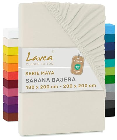 Lavea® Spannbettlaken 180x200cm - 200x200cm - Creme Naturweiß | Maya, 100% Jersey Baumwolle – Weiches Spannbetttuch mit Rundumgummi, atmungsaktives Bettlaken für Matratzen bis 20 cm